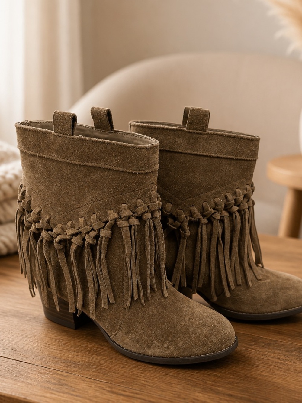 Sbicca Olive Brown Suede Fringe Ankle Boots